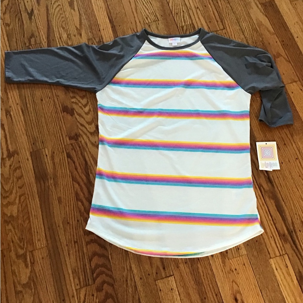 LuLaRoe Randy Shirt with Rainbow Stripes and Gray Sleeves #34